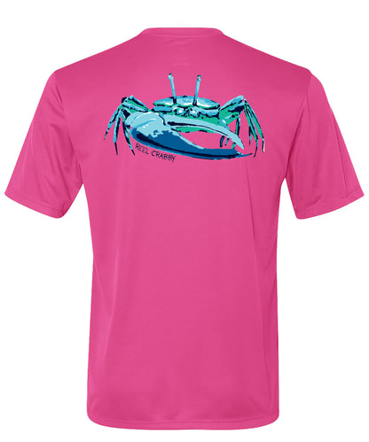 Unisex pink short sleeve performance shirt with 50+ UPF, colorful fiddler crab design on back, Reel Fishy crab logo on front.