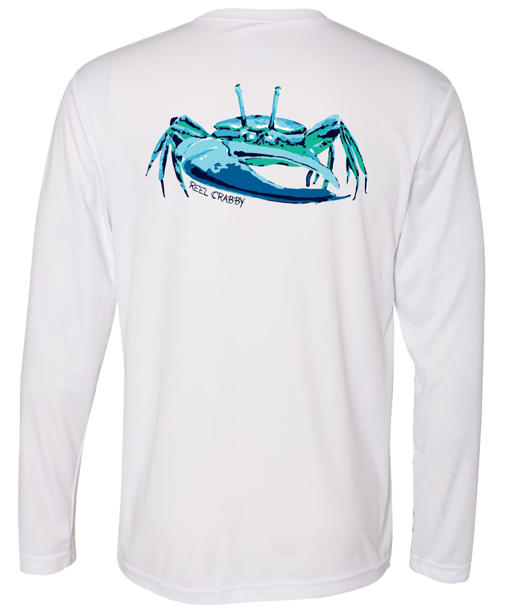 Unisex white long sleeve performance shirt with 50+ UPF, colorful fiddler crab design on back, Reel Fishy crab logo on front.