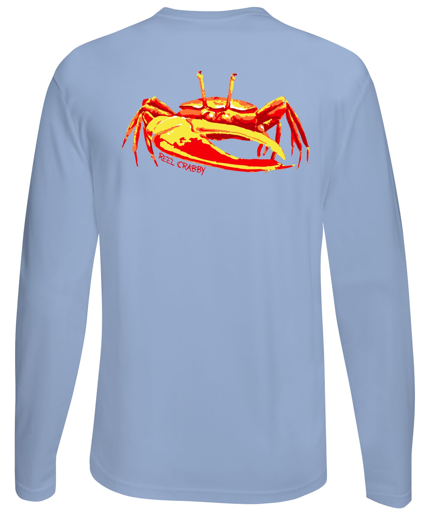Unisex light blue long sleeve performance shirt with 50+ UPF, colorful fiddler crab design on back, Reel Fishy crab logo on front.