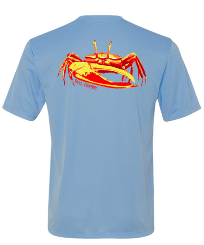 Unisex light blue short sleeve performance shirt with 50+ UPF, colorful fiddler crab design on back, Reel Fishy crab logo on front.