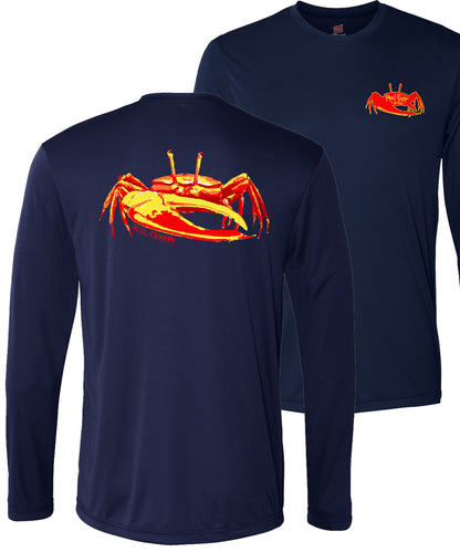 Unisex navy long sleeve performance shirt with 50+ UPF, colorful fiddler crab design on back, Reel Fishy crab logo on front.