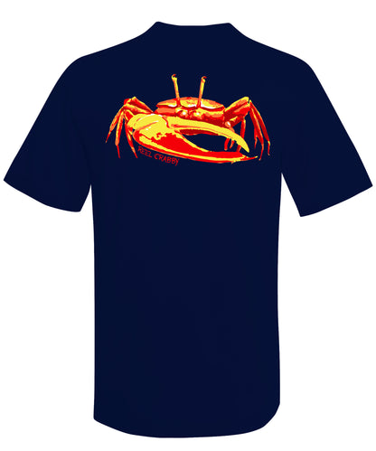 Unisex navy short sleeve performance shirt with 50+ UPF, colorful fiddler crab design on back, Reel Fishy crab logo on front.