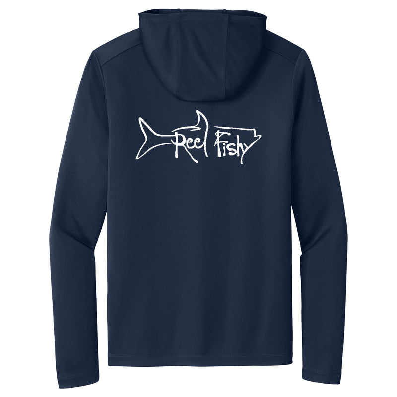 Navy Reel Fishy Tarpon performance hoodie fishing shirt with long sleeves and 50+ UPF sun protection