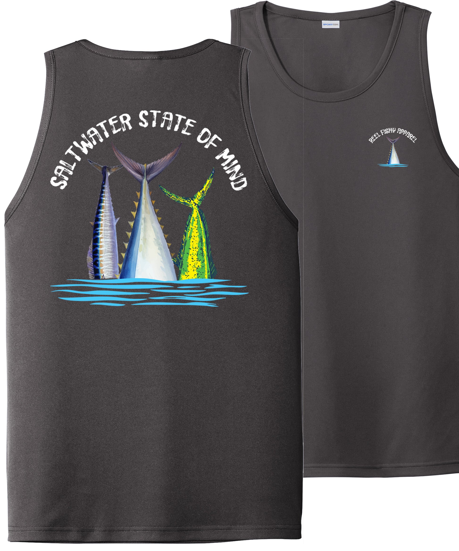 Men’s performance tank in charcoal featuring Offshore Slam fish tails and Saltwater State of Mind slogan