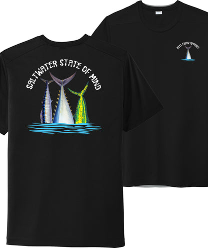 Offshore Slam performance UPF 50 short sleeve fishing shirt in black with Wahoo, Mahi, and Tuna tail design