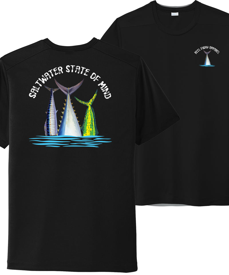 Offshore Slam performance UPF 50 short sleeve fishing shirt in black with Wahoo, Mahi, and Tuna tail design