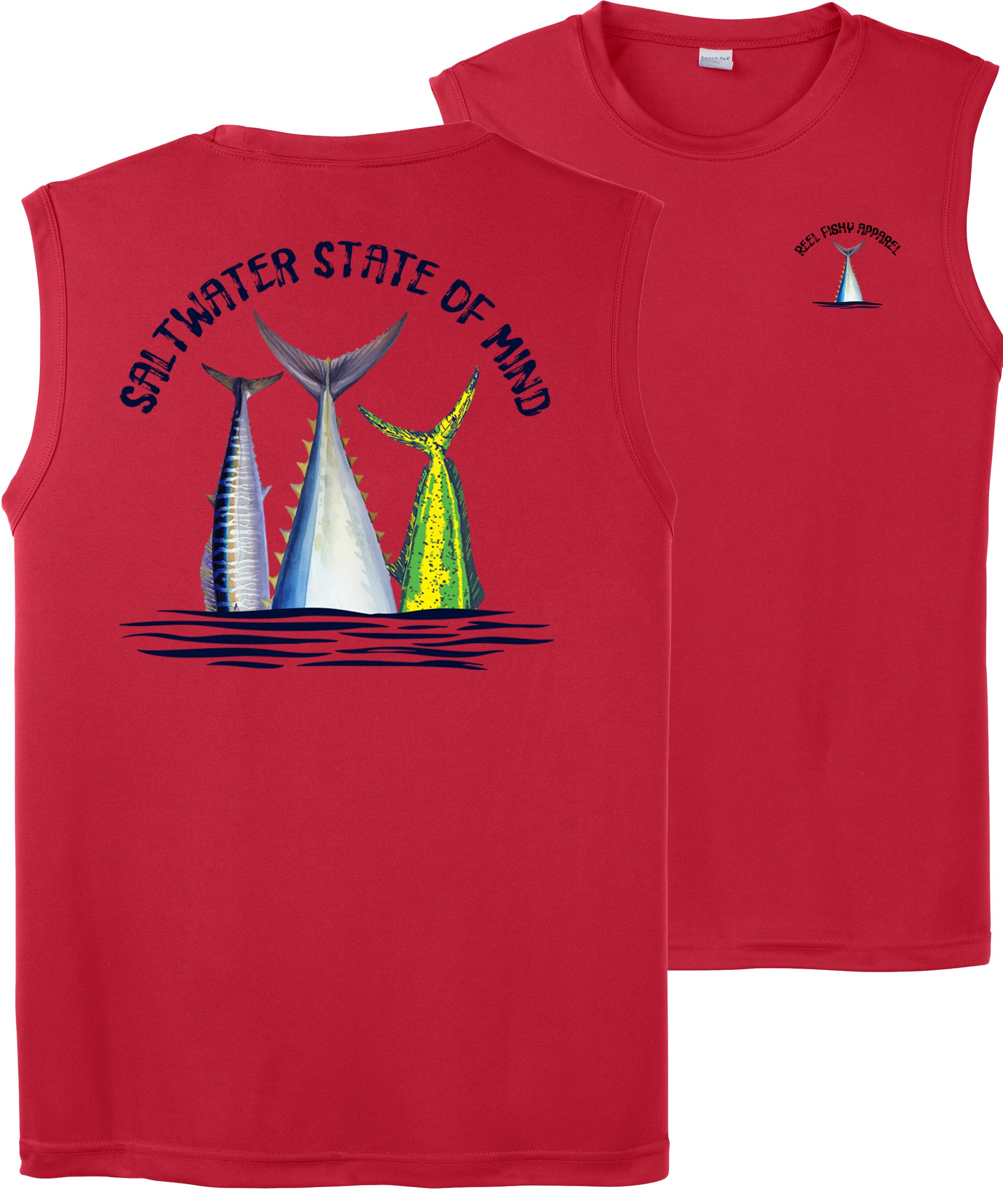 Men’s performance tank in red featuring Offshore Slam fish tails and Saltwater State of Mind slogan