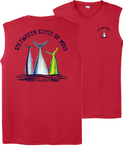 Men’s performance tank in red featuring Offshore Slam fish tails and Saltwater State of Mind slogan