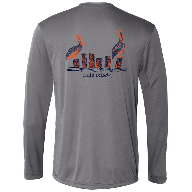 Unisex gray long sleeve performance shirt with 50+ UPF, Coastal Distancing pelican graphic on back, Reel Fishy logo on front.