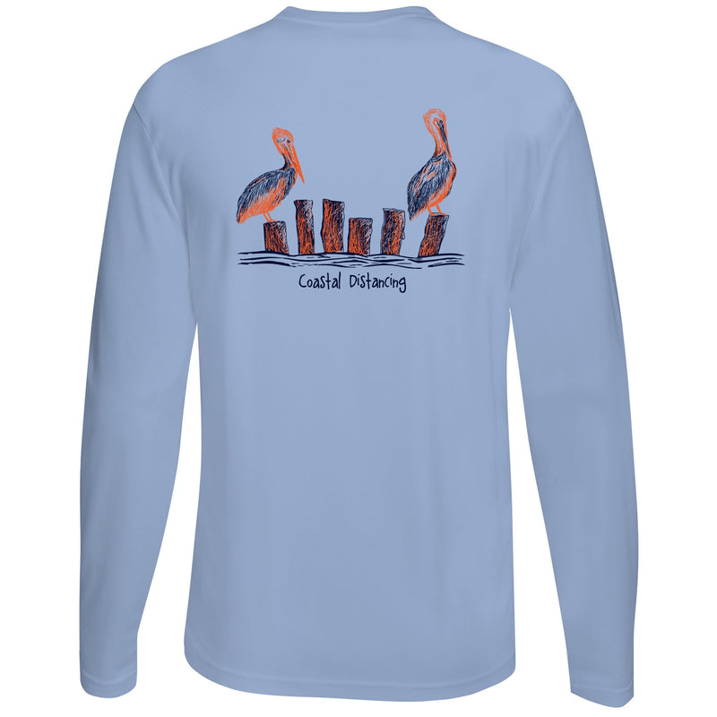 Unisex light blue long sleeve performance shirt with 50+ UPF, Coastal Distancing pelican graphic on back, Reel Fishy logo on front.