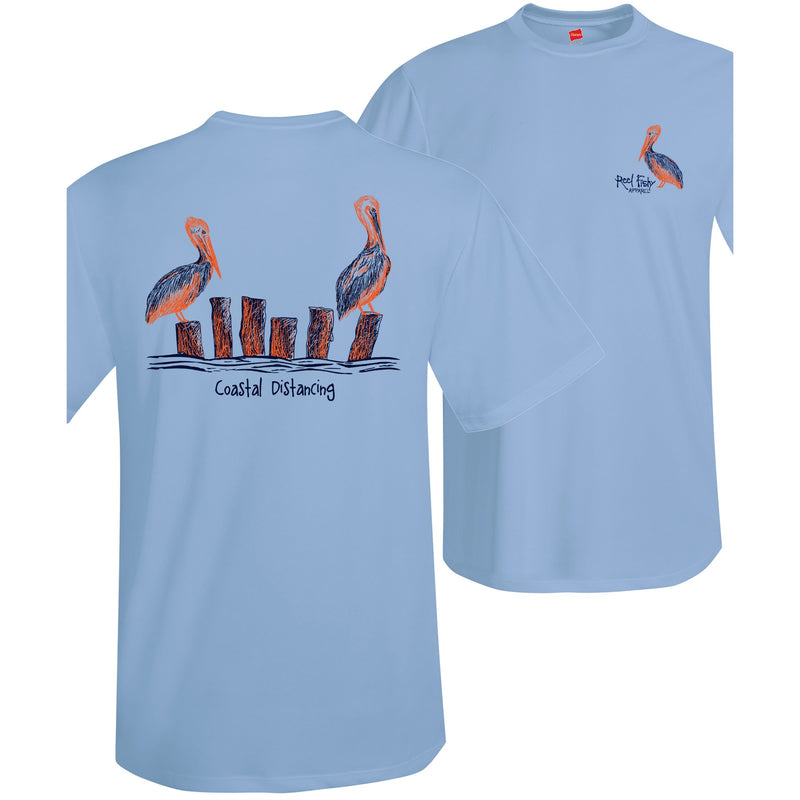 Unisex light blue sleeve performance shirt with 50+ UPF, Coastal Distancing pelican graphic on back, Reel Fishy logo on front.