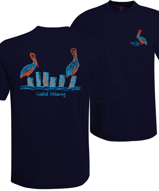 Unisex navy short sleeve performance shirt with 50+ UPF, Coastal Distancing pelican graphic on back, Reel Fishy logo on front.