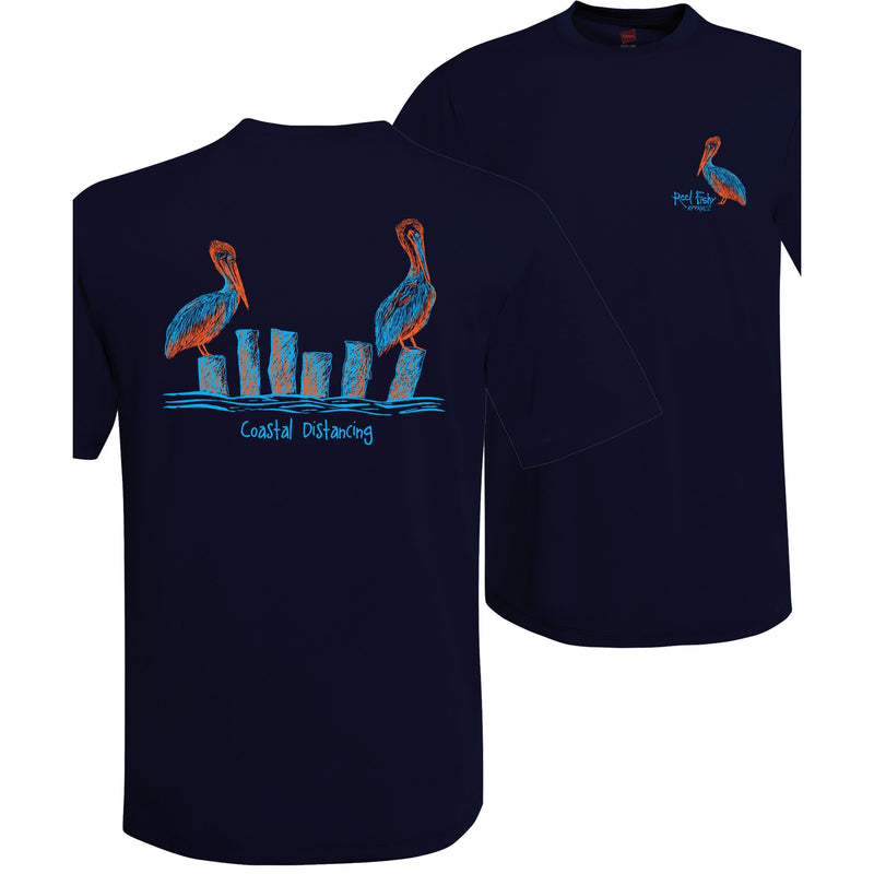 Unisex navy short sleeve performance shirt with 50+ UPF, Coastal Distancing pelican graphic on back, Reel Fishy logo on front.