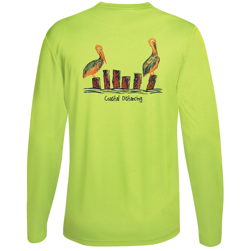 Unisex neon yellow long sleeve performance shirt with 50+ UPF, Coastal Distancing pelican graphic on back, Reel Fishy logo on front.