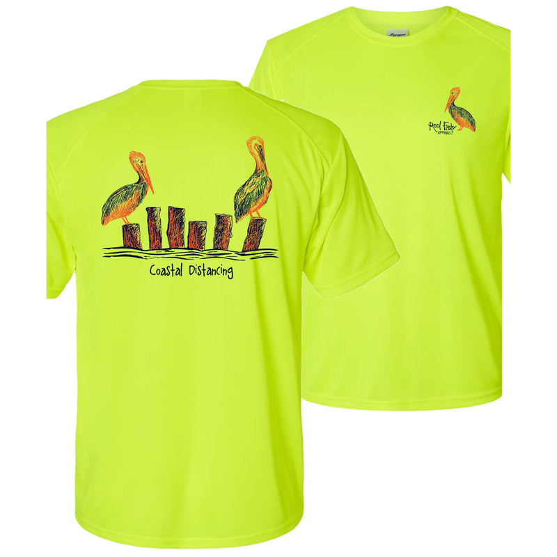 Unisex neon yellow short sleeve performance shirt with 50+ UPF, Coastal Distancing pelican graphic on back, Reel Fishy logo on front.