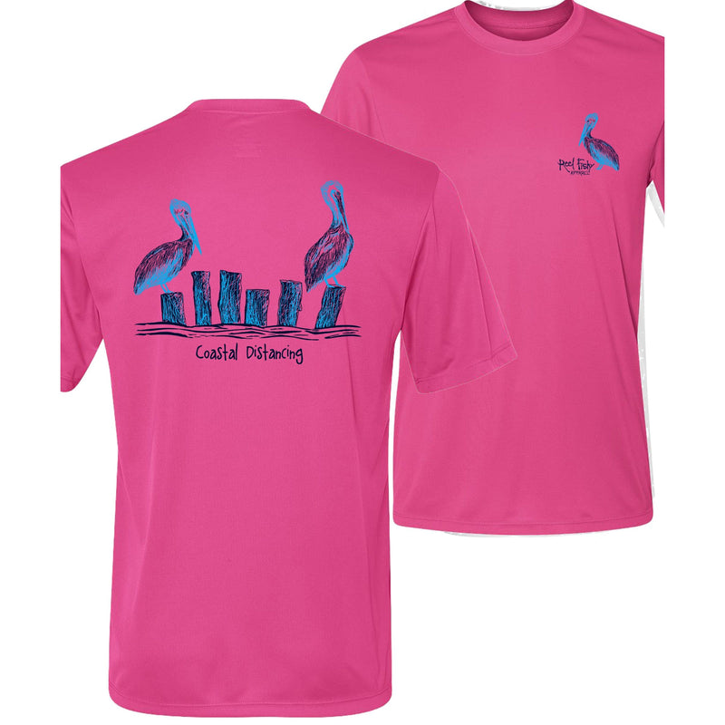Unisex pink short sleeve performance shirt with 50+ UPF, Coastal Distancing pelican graphic on back, Reel Fishy logo on front.