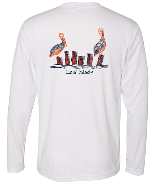 Unisex white long sleeve performance shirt with 50+ UPF, Coastal Distancing pelican graphic on back, Reel Fishy logo on front.