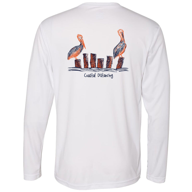 Unisex white long sleeve performance shirt with 50+ UPF, Coastal Distancing pelican graphic on back, Reel Fishy logo on front.