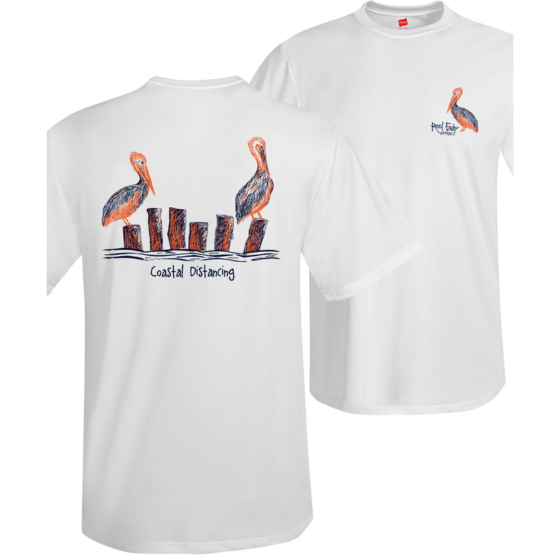 Unisex white short sleeve performance shirt with 50+ UPF, Coastal Distancing pelican graphic on back, Reel Fishy logo on front.