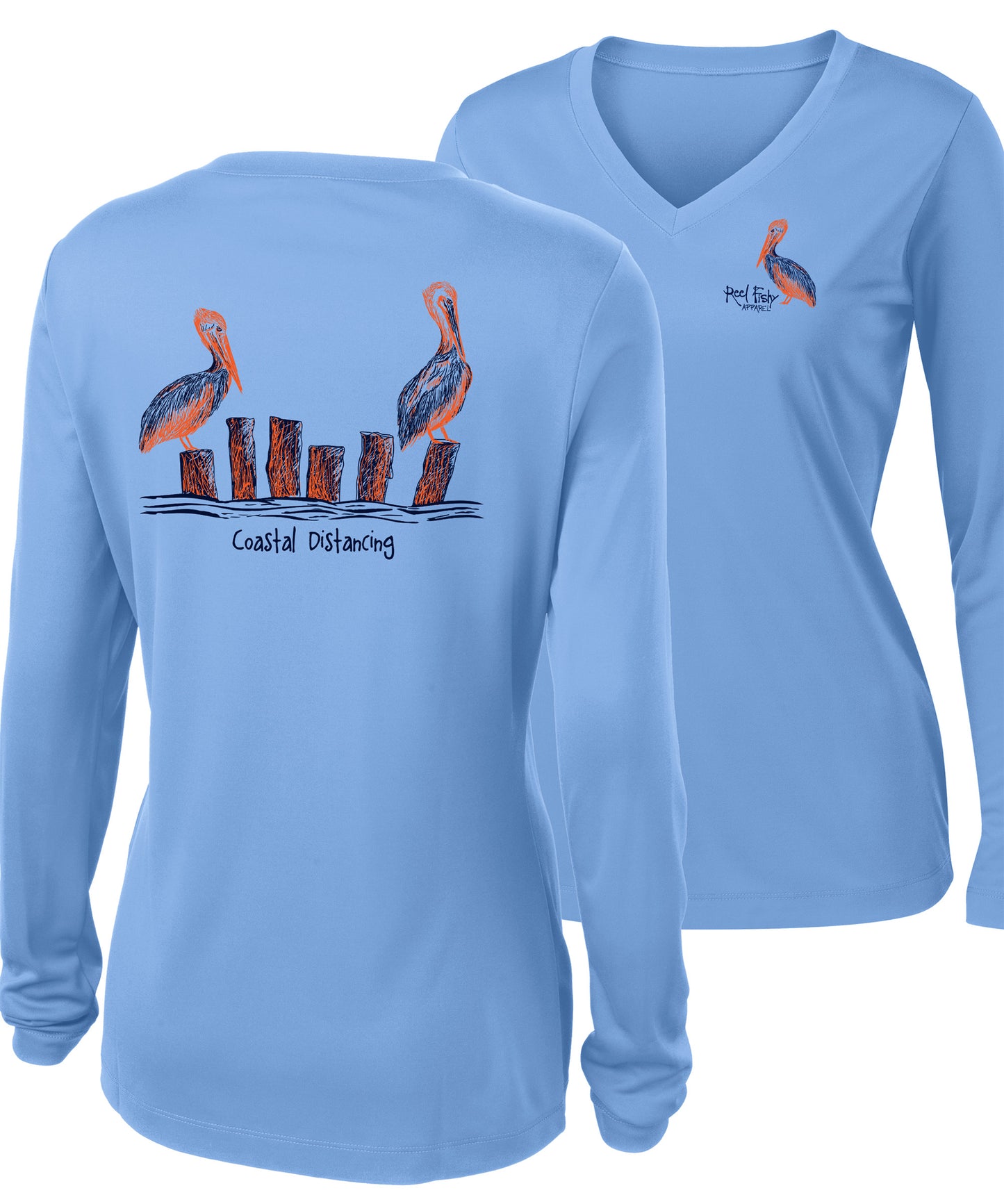 Ladies Pelicans Costal Distancing Performance V-neck Lt. Blue Long Sleeve