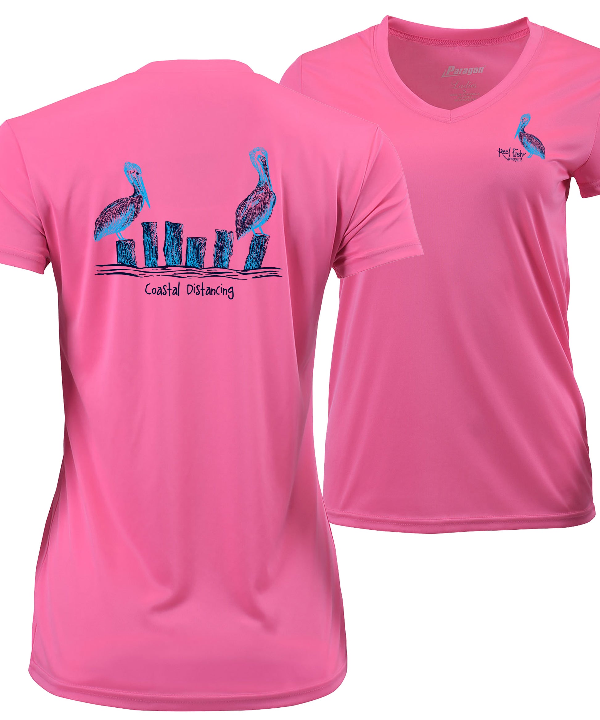 Ladies Pelicans Costal Distancing Performance V-neck Bright Pink Short Sleeve