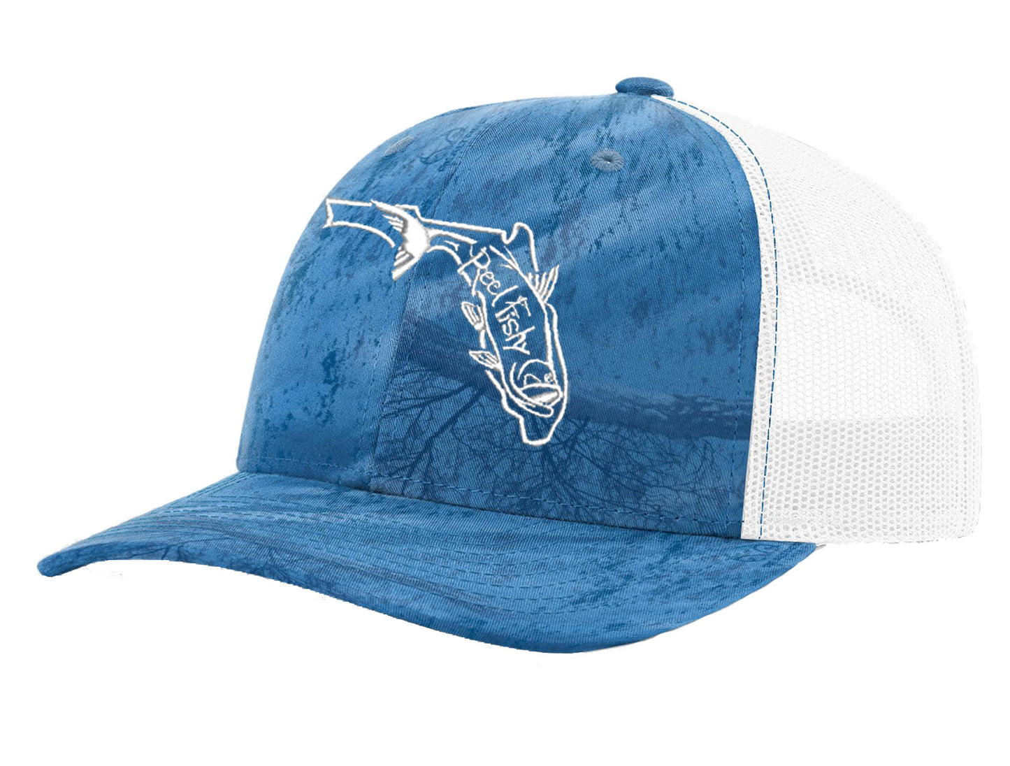 Realtree Blue/White Trucker Hat - State of Florida Reel Fishy Tarpon logo