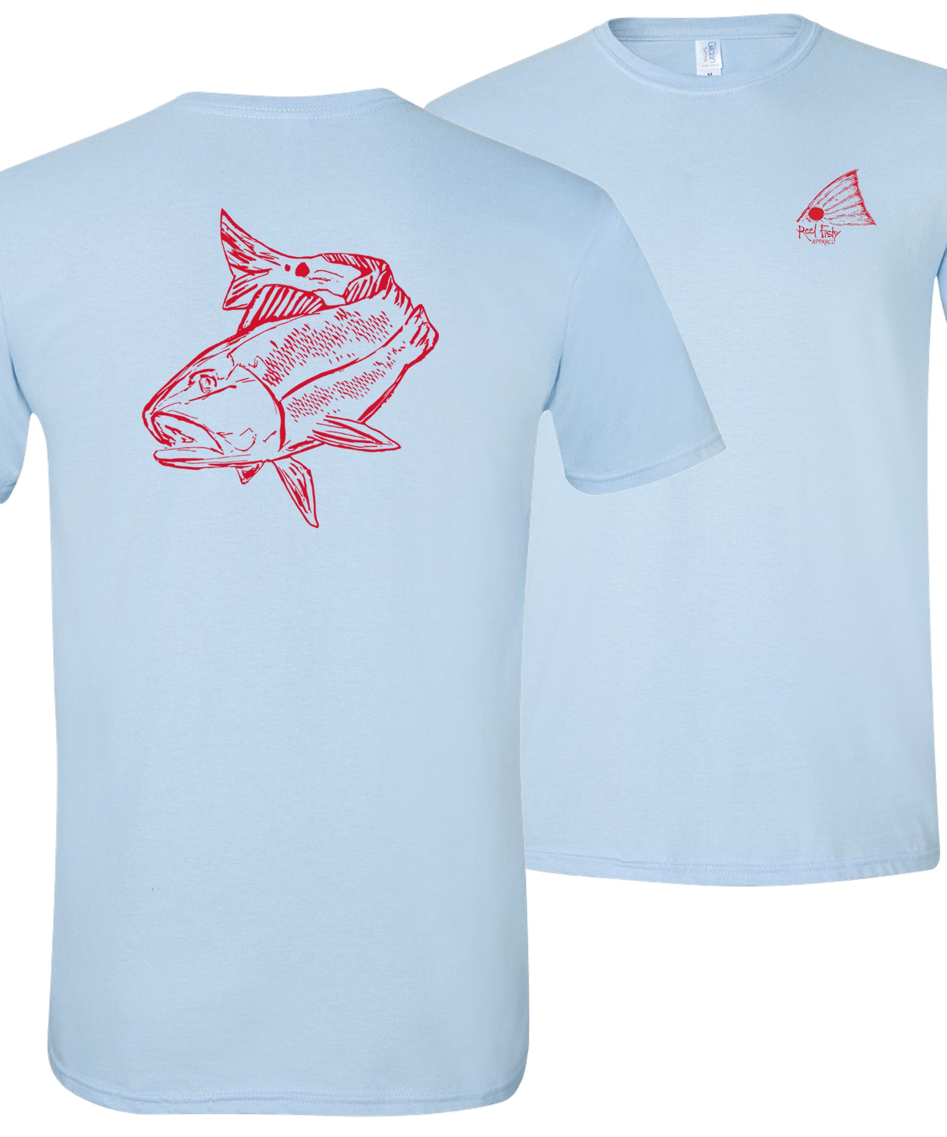 Red Drum cotton short sleeve t-shirt in light blue featuring an original redfish graphic on the back and Reel Fishy Redfish Tail logo on the front chest.