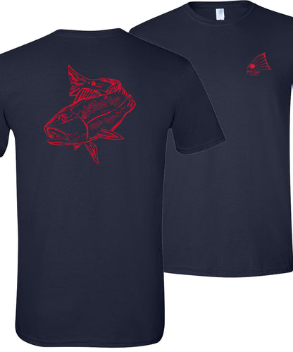 Red Drum cotton short sleeve t-shirt in navy featuring an original redfish graphic on the back and Reel Fishy Redfish Tail logo on the front chest.