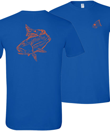 Red Drum cotton short sleeve t-shirt in navy featuring an original redfish graphic on the back and Reel Fishy Redfish Tail logo on the front chest.