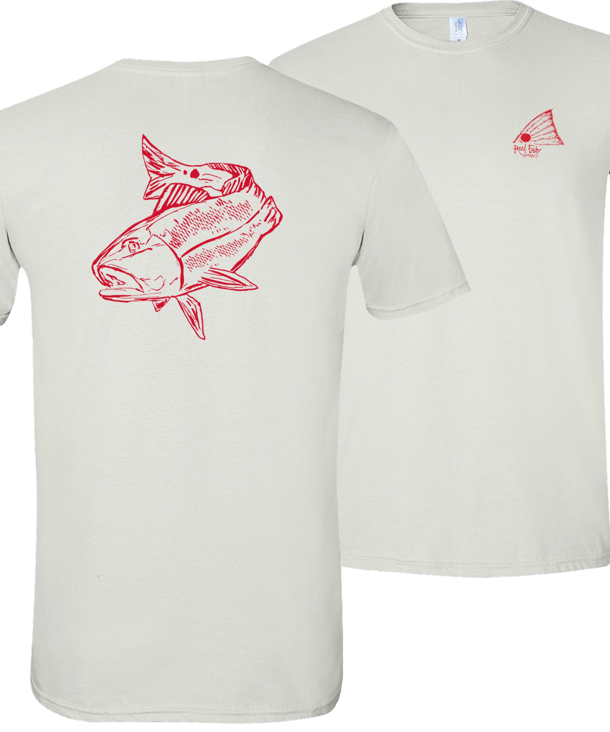 Red Drum cotton short sleeve t-shirt in white featuring an original redfish graphic on the back and Reel Fishy Redfish Tail logo on the front chest.