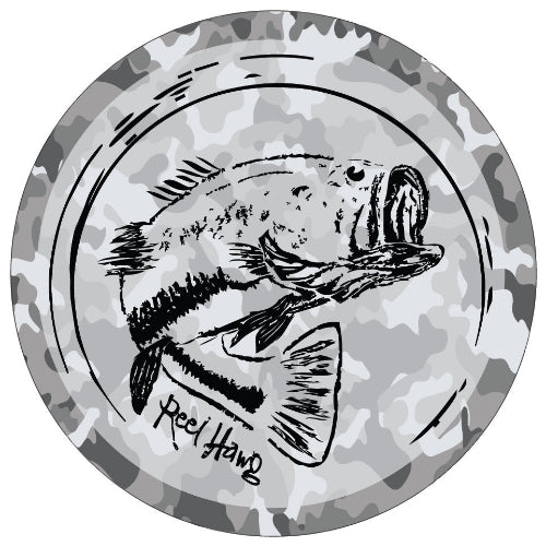 Reel Fishy Bass "Reel Hawg" 3in Gray Camo Vinyl Round Sticker