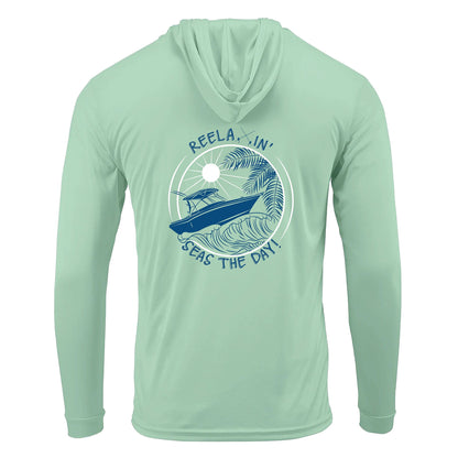 Mint Green Reelaxin' Seas the Day Boat motif dri-fit 50+sun protection long sleeve hoodie