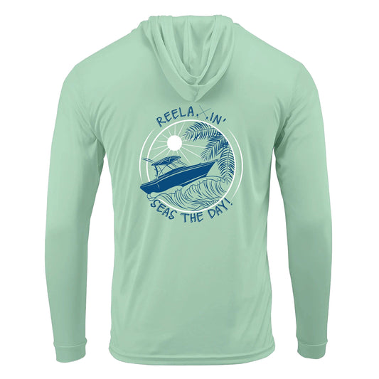 Mint Green Reelaxin' Seas the Day Boat motif dri-fit 50+sun protection long sleeve hoodie