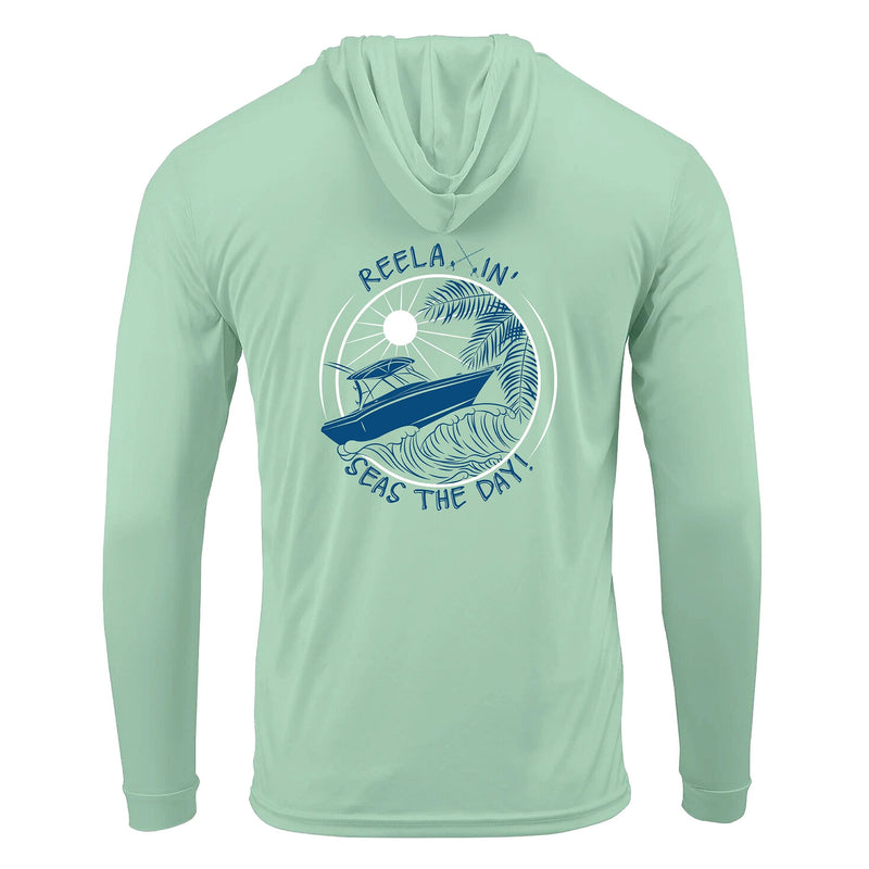 Mint Green Reelaxin' Seas the Day Boat motif dri-fit 50+sun protection long sleeve hoodie