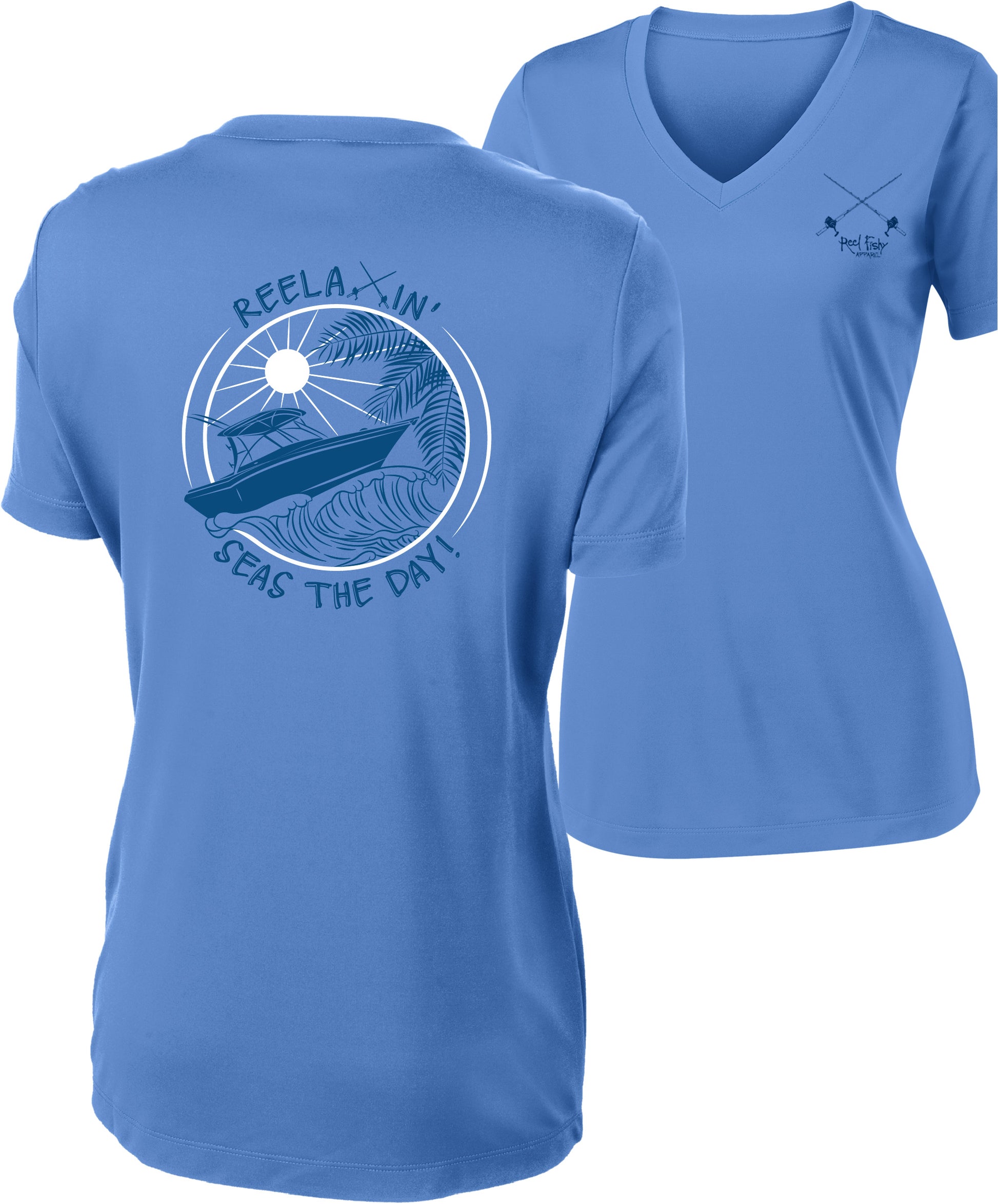 Ladies Lt Blue Reelaxin' V-neck Performance Dry-Fit Fishing Short Sleeve Shirts, 50+ UPF Sun Protection - Reel Fishy Apparel