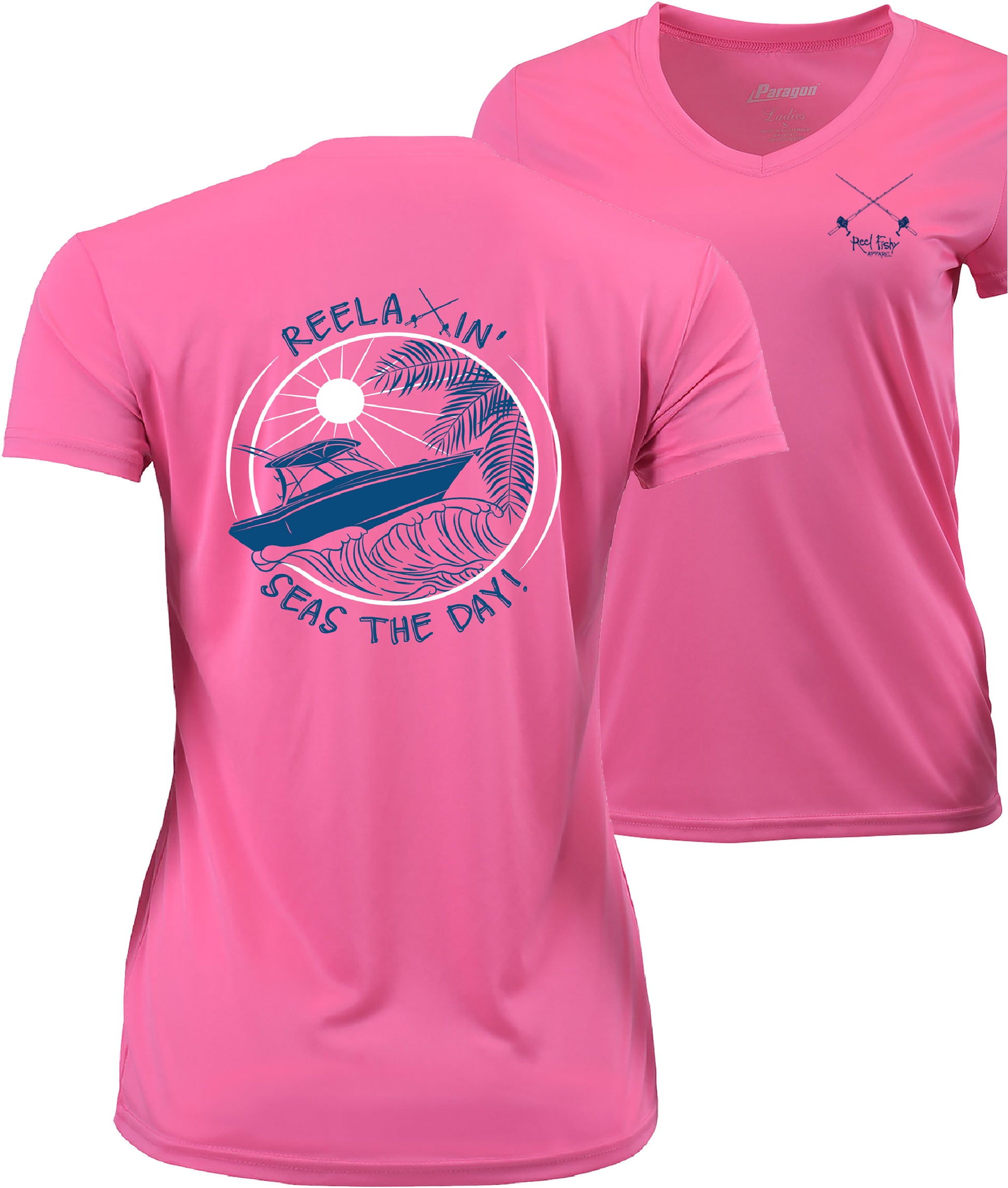 Ladies Hot Pink Reelaxin' V-neck Performance Dry-Fit Fishing Short Sleeve Shirts, 50+ UPF Sun Protection - Reel Fishy Apparel