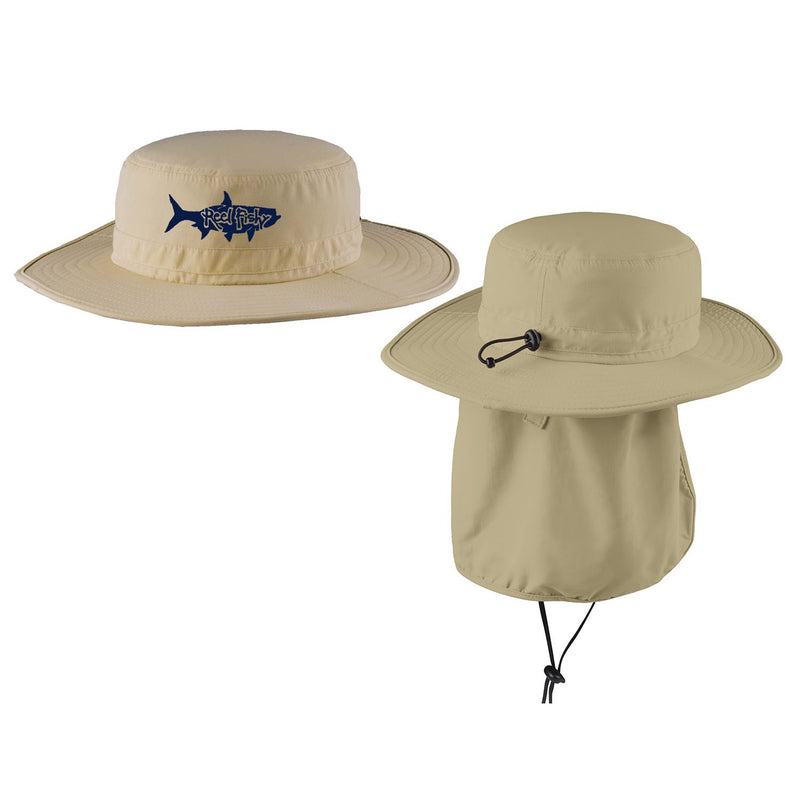 Tan boonie fishing hat with tarpon logo, chin strap, neck flap, 30+ UPF sun protection.