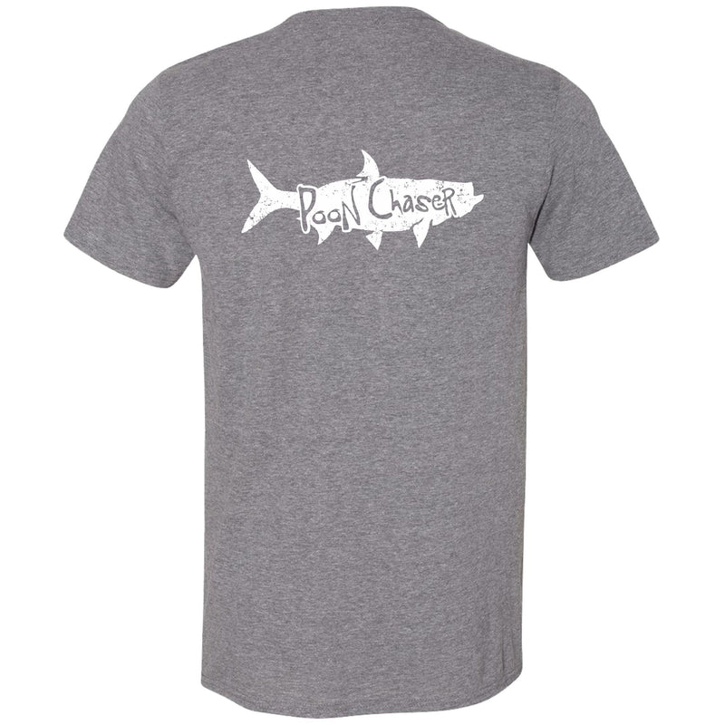 Tarpon "Poon Chaser" t-shirt in heather charcoal with White Reel Fishy logo