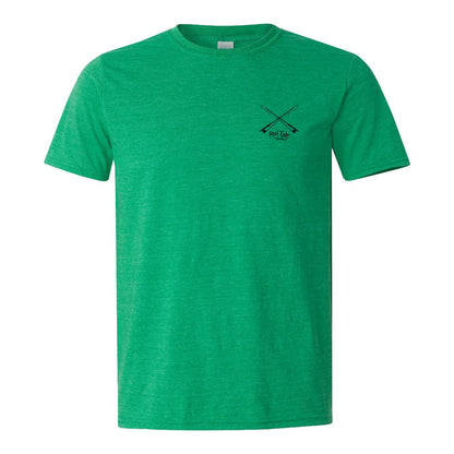 Tarpon "Poon Chaser" Reel Fishy t-shirt - Hthr Green  w/Navy Fly Rods logo (front)