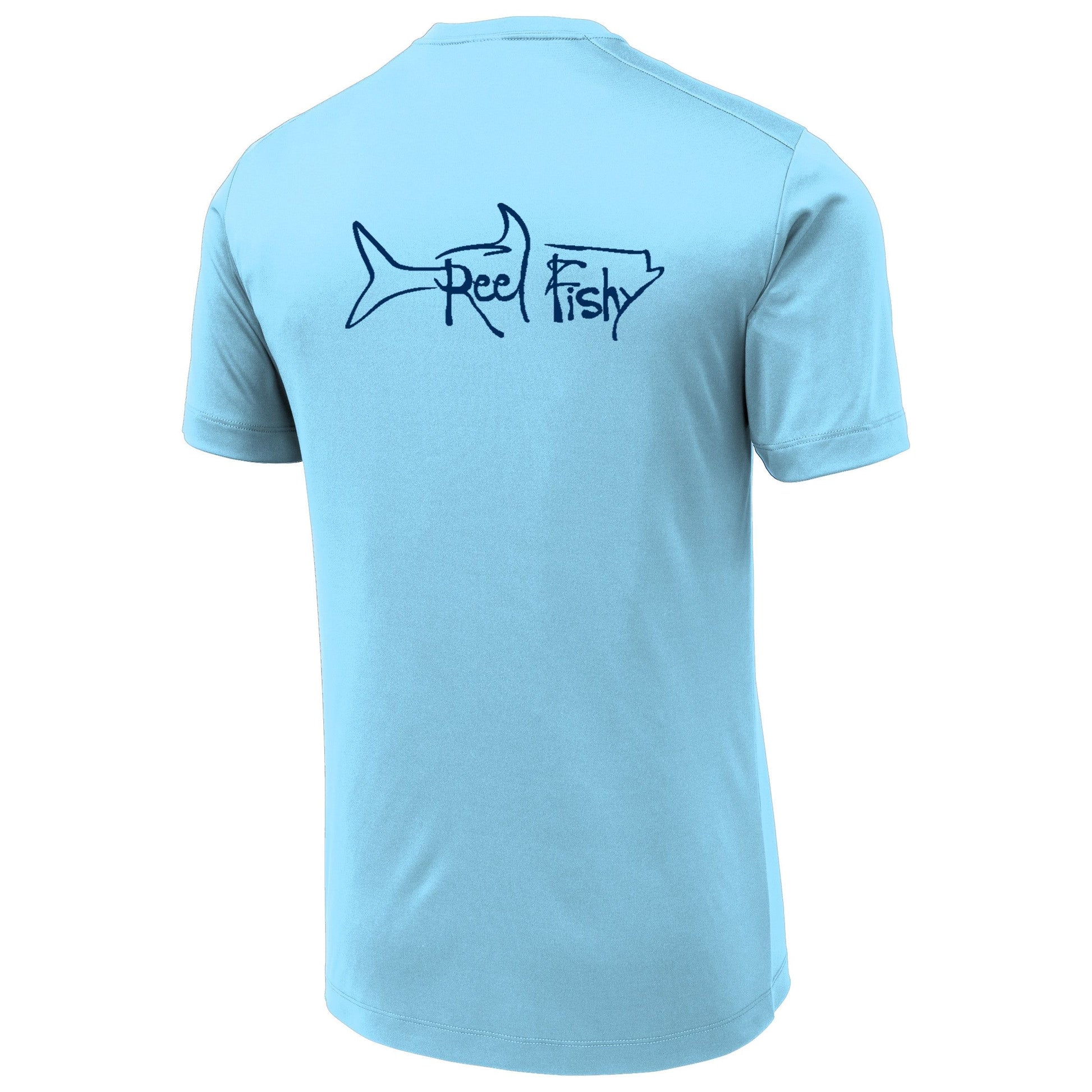Light Blue performance dry-fit short sleeve sun shirt with Reel Fishy tarpon design.