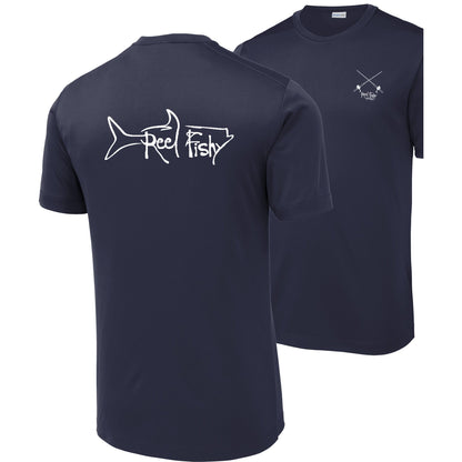 Navy performance dry-fit short sleeve sun shirt with Reel Fishy tarpon design.