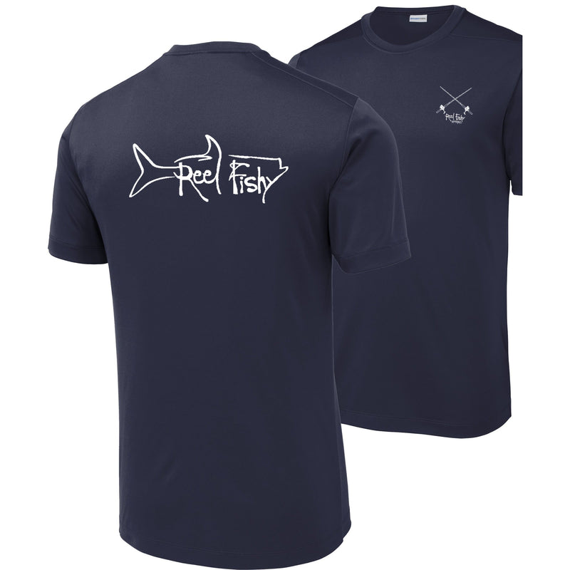 Navy performance dry-fit short sleeve sun shirt with Reel Fishy tarpon design.