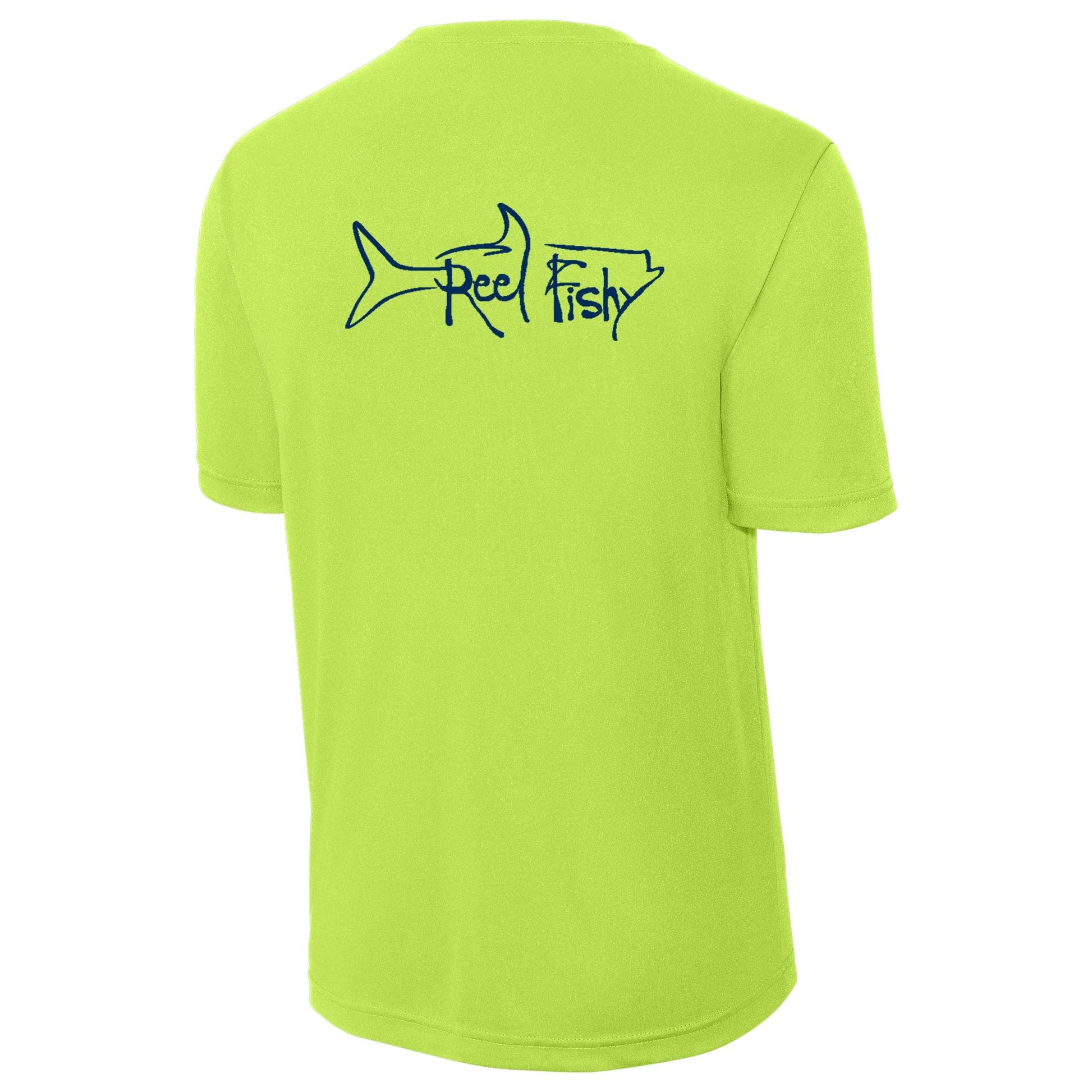Neon Green performance dry-fit short sleeve sun shirt with Reel Fishy tarpon design.