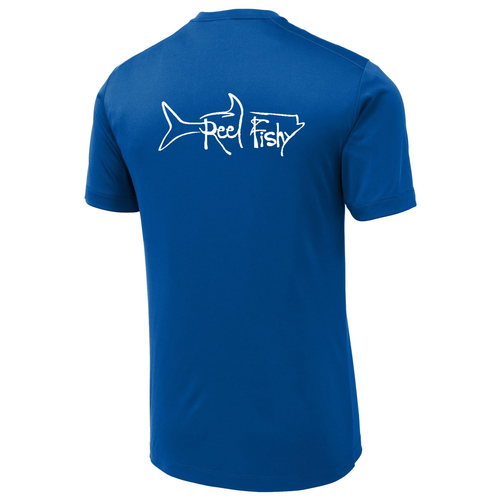 Royal Blue performance dry-fit short sleeve sun shirt with Reel Fishy tarpon design.