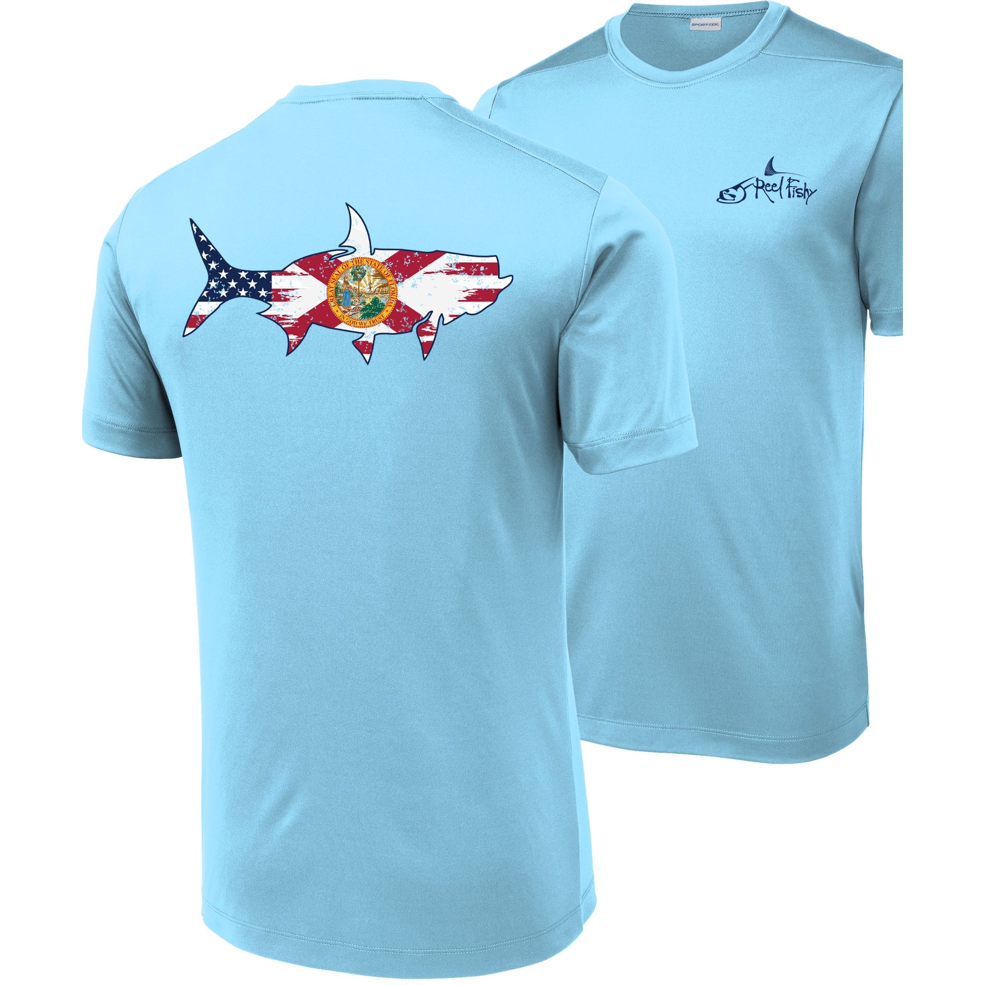 Front and back view of light blue short sleeve Tarpon Florida Flag fishing shirt with sun-protective UPF 50 fabric