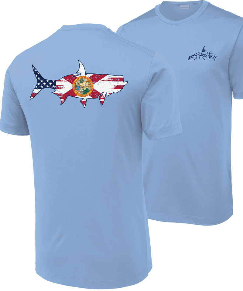 Front and back view of light blue short sleeve Tarpon Florida Flag fishing shirt with sun-protective UPF 50 fabric