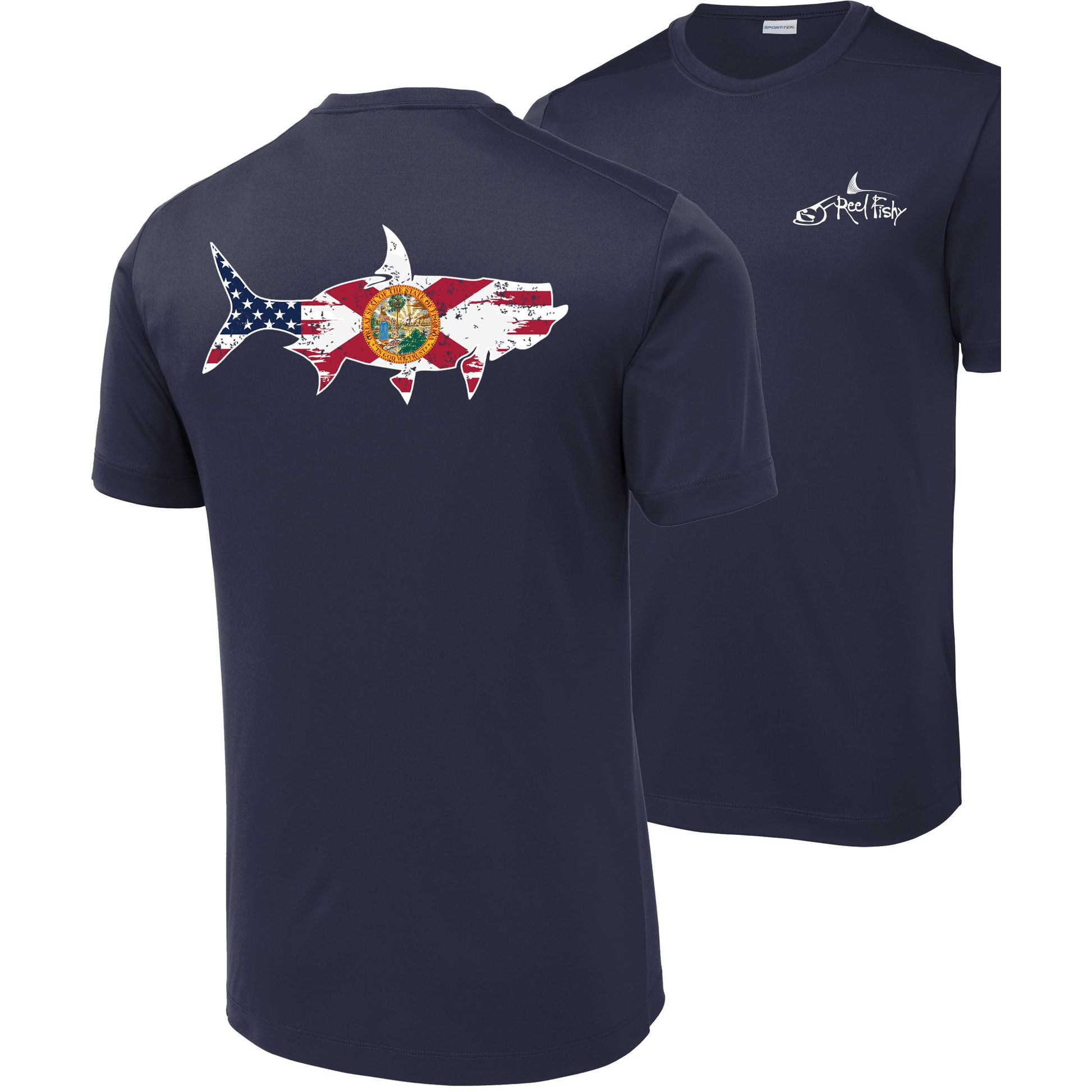 Front and back view of navy short sleeve Tarpon Florida Flag fishing shirt with sun-protective UPF 50 fabric