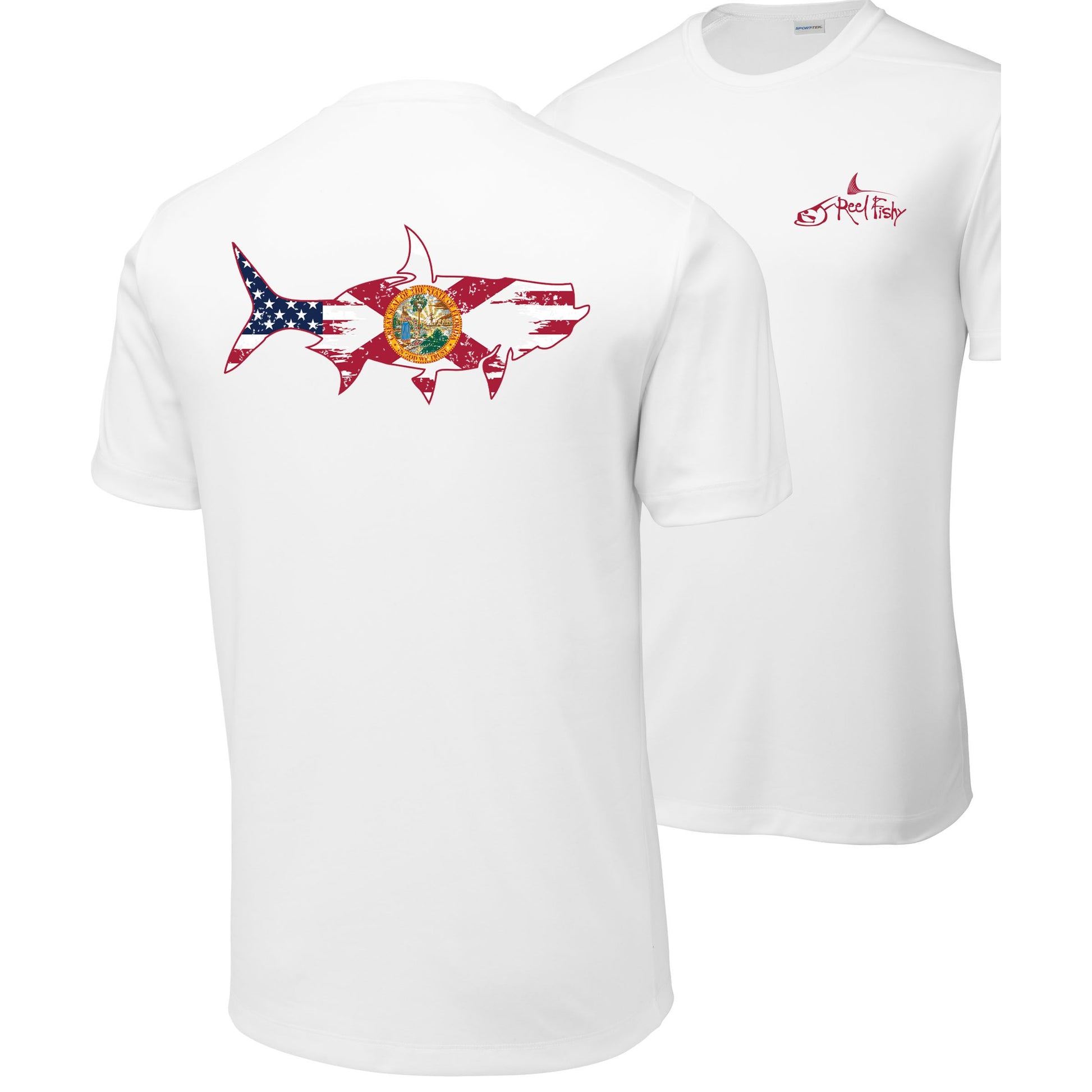 Front and back view of white short sleeve Tarpon Florida Flag fishing shirt with sun-protective UPF 50 fabric
