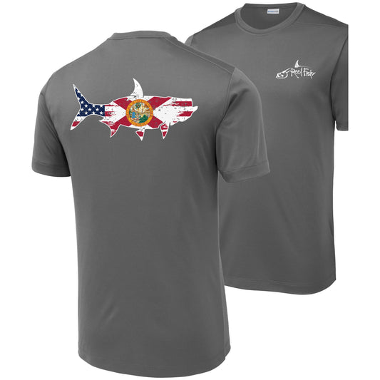 Front and back view of gray short sleeve Tarpon Florida Flag fishing shirt with sun-protective UPF 50 fabric