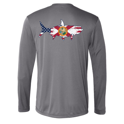 Gray long sleeve UPF 50 performance shirt with tarpon silhouette featuring the Florida State flag and USA flag on the back